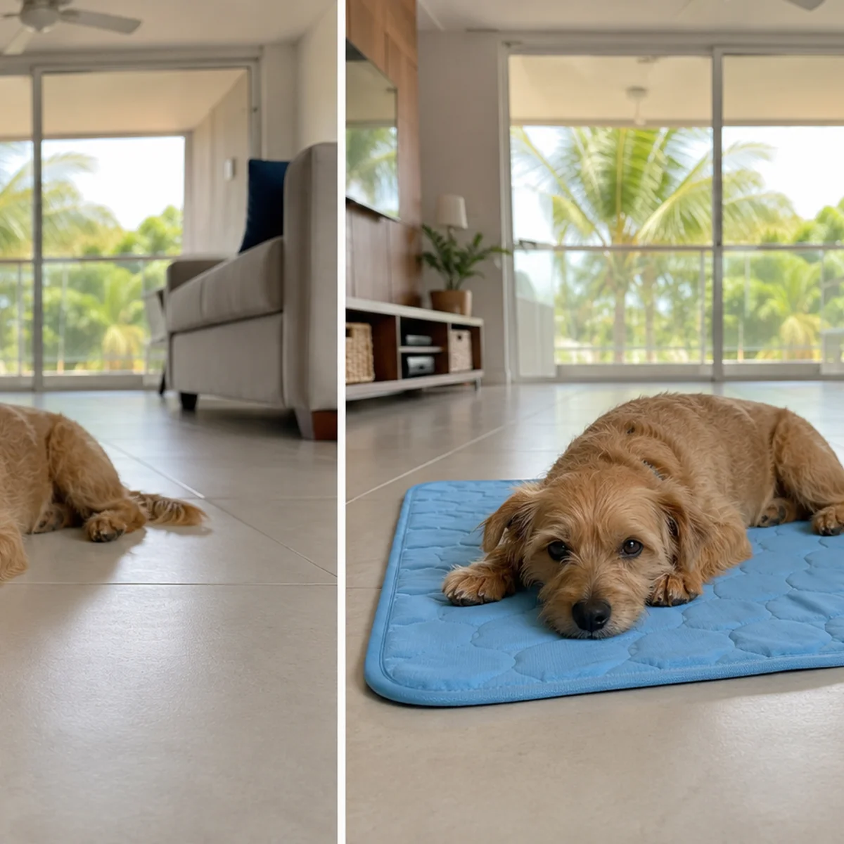 O mesmo cachorro no piso e depois sobre o tapete gelado Frimouf Ice, no mesmo cômodo e na mesma luz