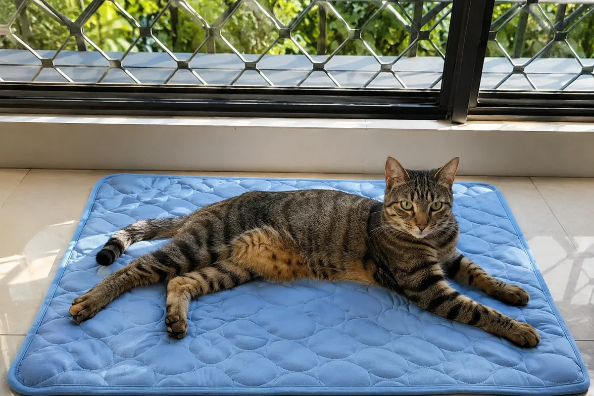 Gato rajado deitado esticado em um tapete gelado Frimouf azul, diante de venezianas semifechadas