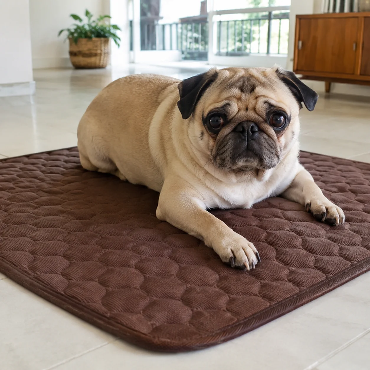 Buldogue francês deitado de barriga para baixo em um tapete gelado Frimouf marrom
