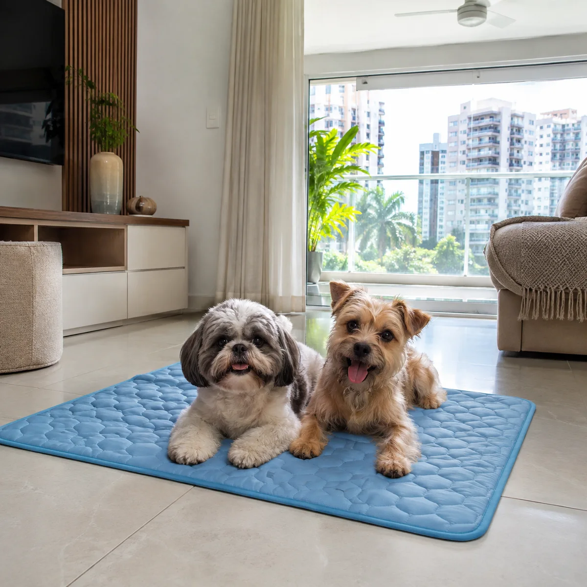 Um shih tzu e um yorkshire deitados juntos em um tapete gelado Frimouf Ice azul