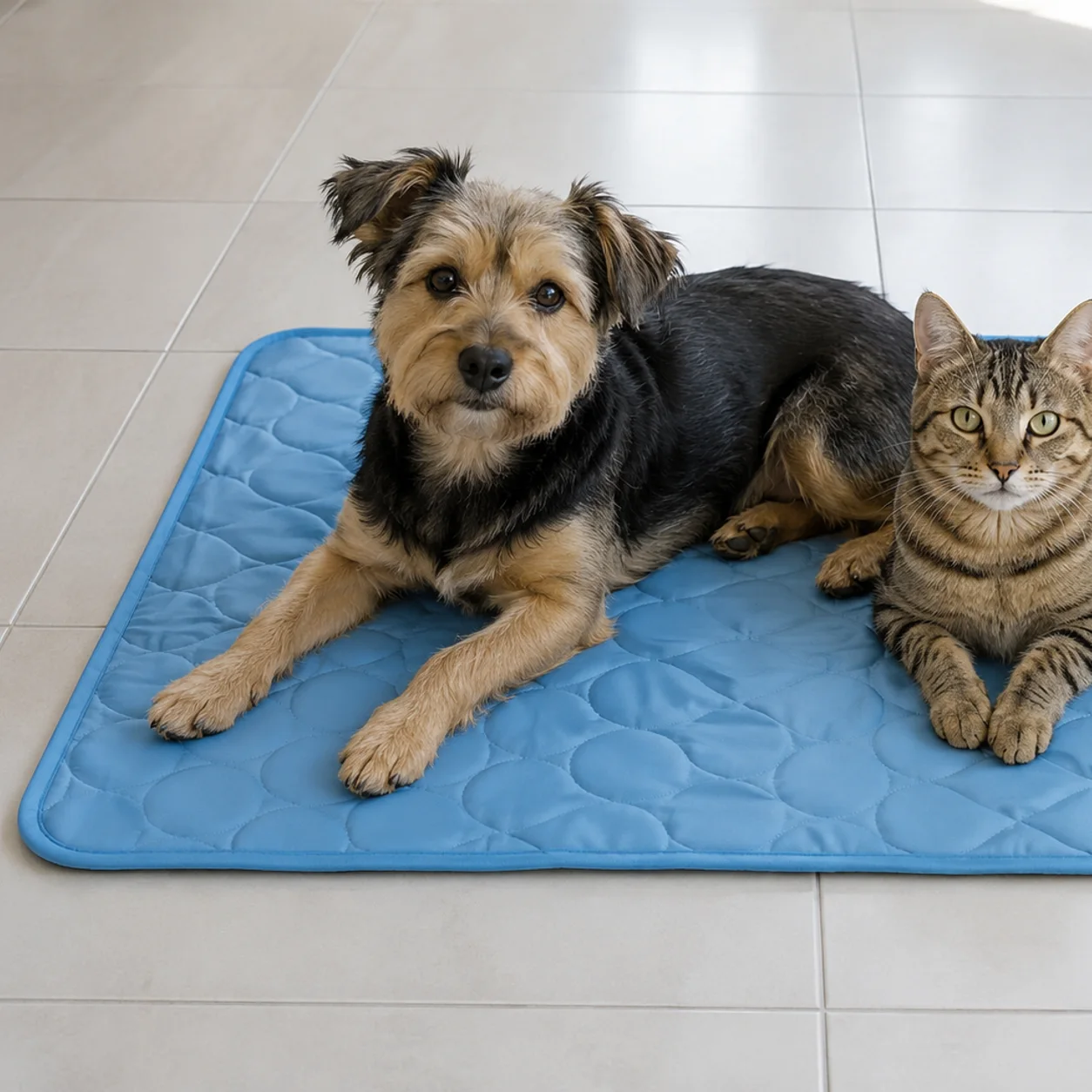 Cachorro e gato deitados juntos em um tapete gelado grande