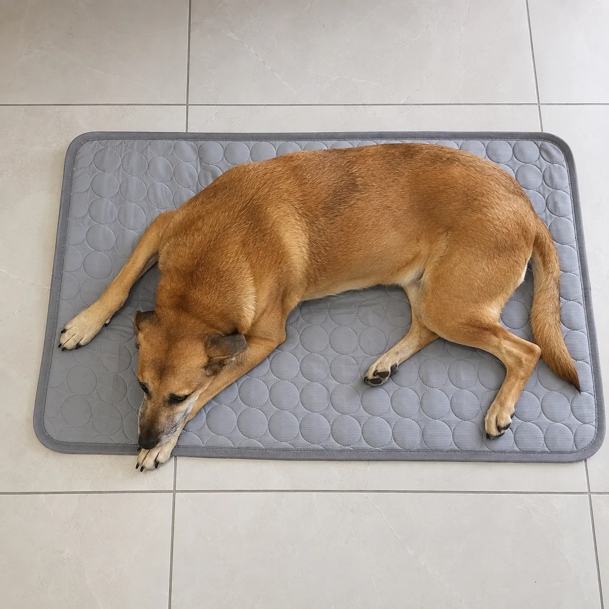 Labrador visto de cima em um tapete gelado Frimouf cinza, o corpo dele preenche quase toda a superfície