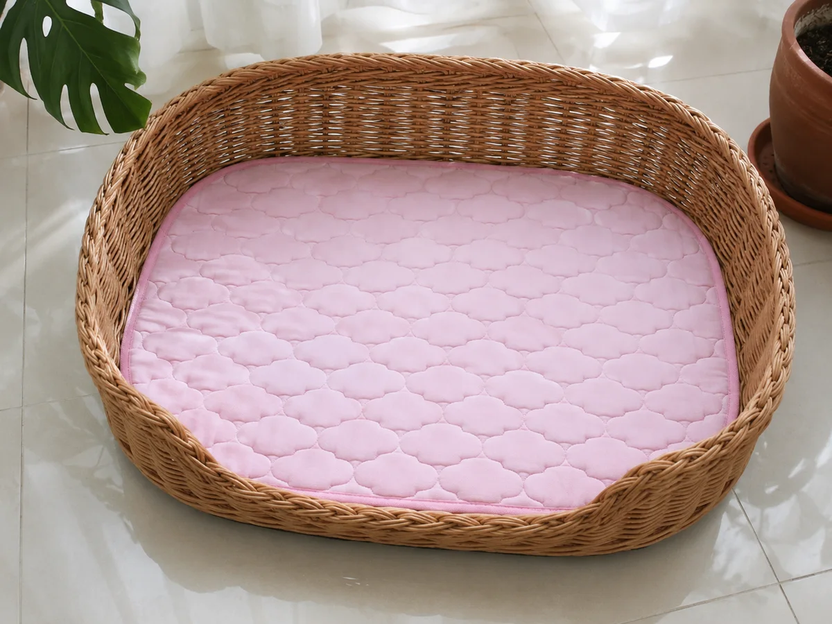 Tapete gelado Frimouf rosa no fundo de uma caminha de vime