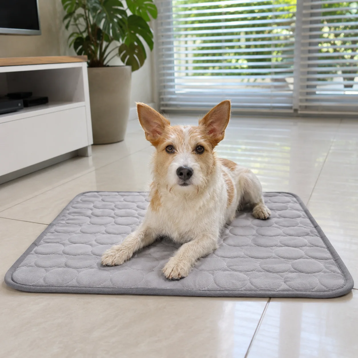 Jack russell terrier atento, deitado em um tapete gelado cinza