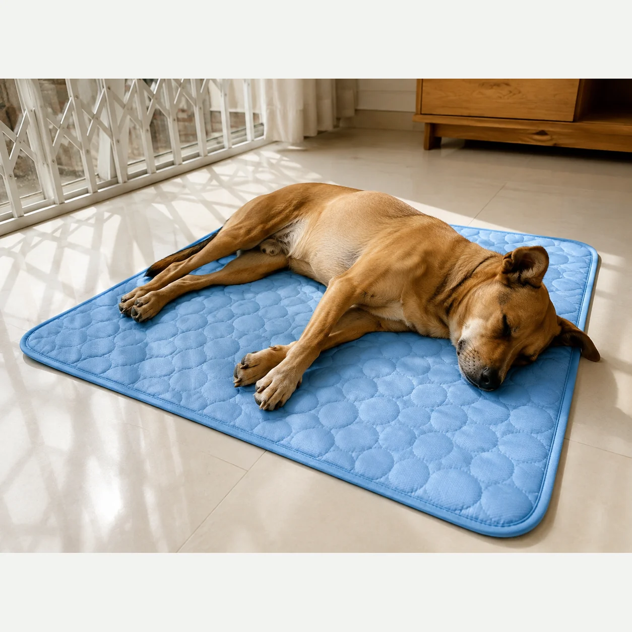 Cachorro de porte grande esticado sobre um tapete gelado Frimouf Ice azul