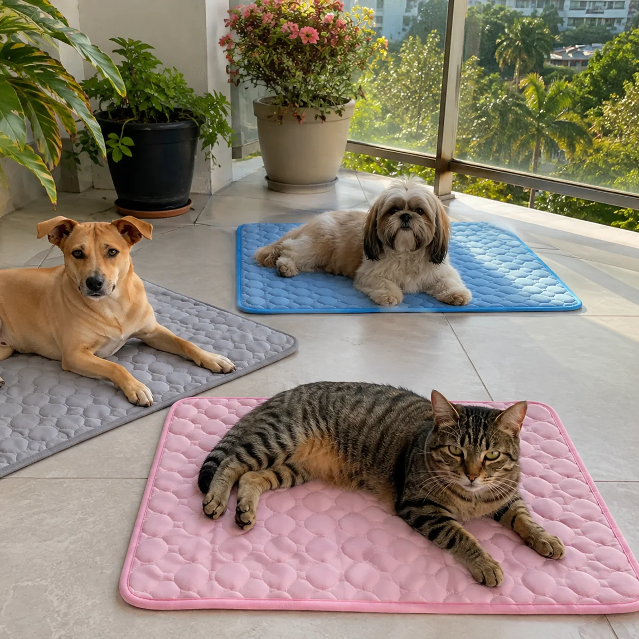 Um vira-lata, um shih tzu e um gato rajado, cada um em um tapete gelado Frimouf Ice, na varanda