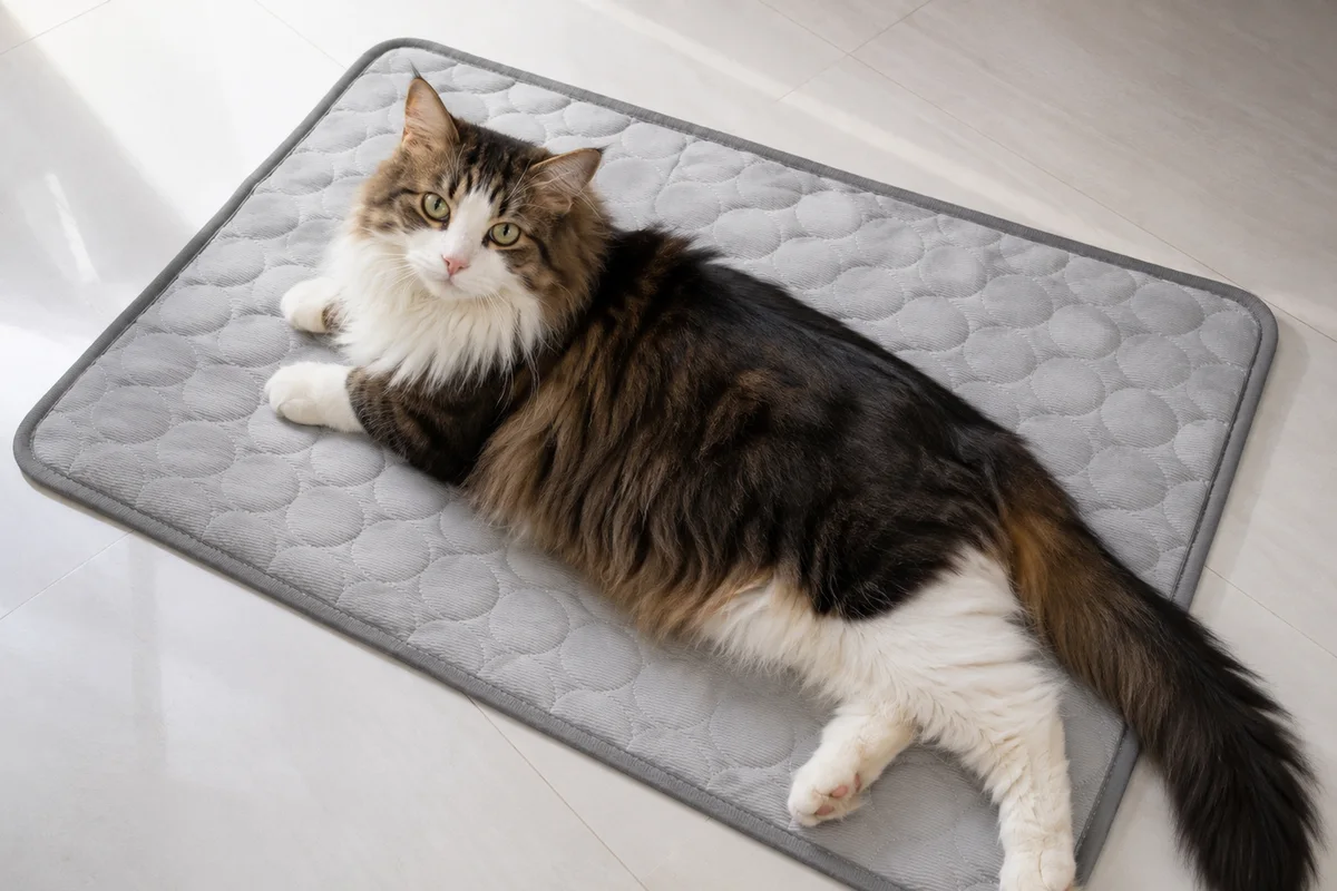 Maine coon de pelo semilongo em um tapete gelado Frimouf cinza, com o rabo passando da borda