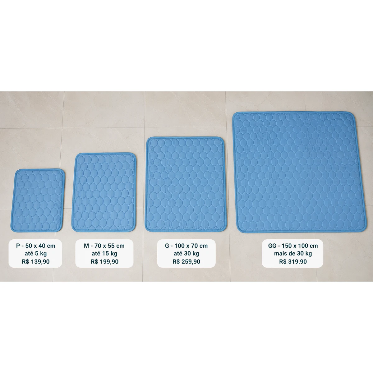 Os quatro tamanhos lado a lado com medidas, peso e preço: P 50 × 40 cm até 5 kg, M 70 × 55 cm até 15 kg, G 100 × 70 cm até 30 kg e GG 150 × 100 cm acima de 30 kg