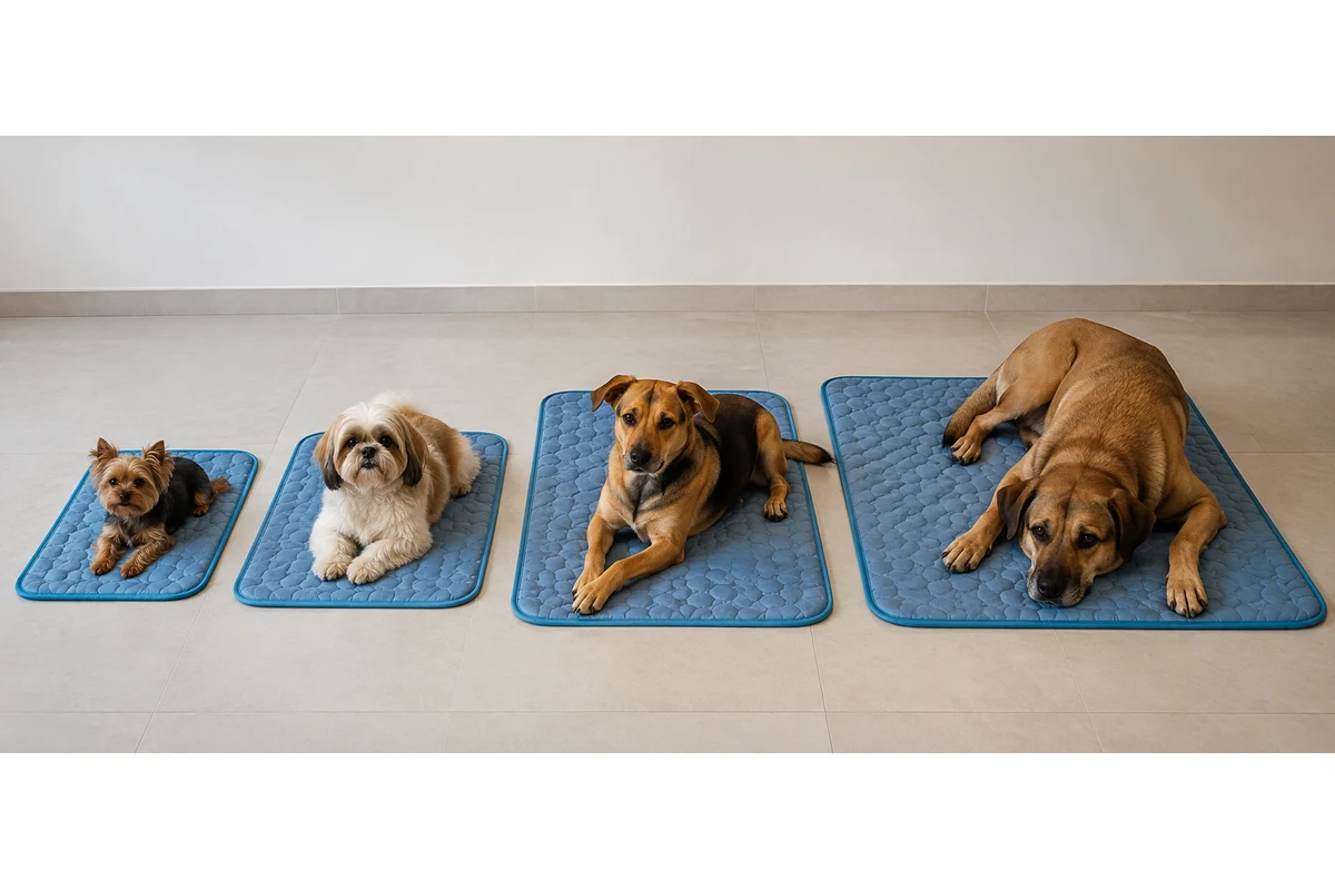 Chihuahua, Buldogue Francês, Labrador e Pastor Alemão em quatro tapetes gelados, com a tabela de tamanhos