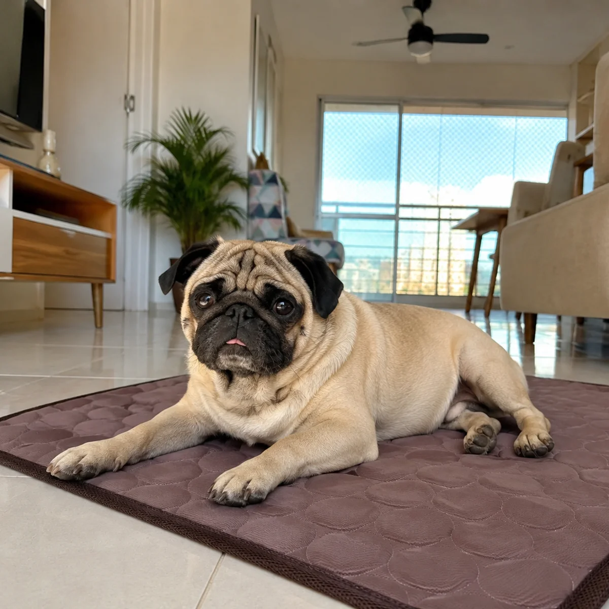 Pug deitado em um tapete gelado Frimouf marrom, na sala de um apartamento com ventilador de teto