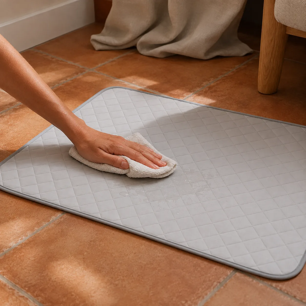 Uma mão limpa a superfície do tapete cinza com um pano úmido