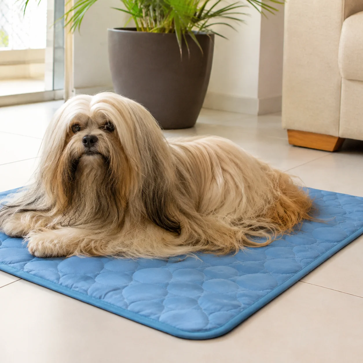 Cachorro de pelo longo deitado em um tapete gelado Frimouf Ice azul