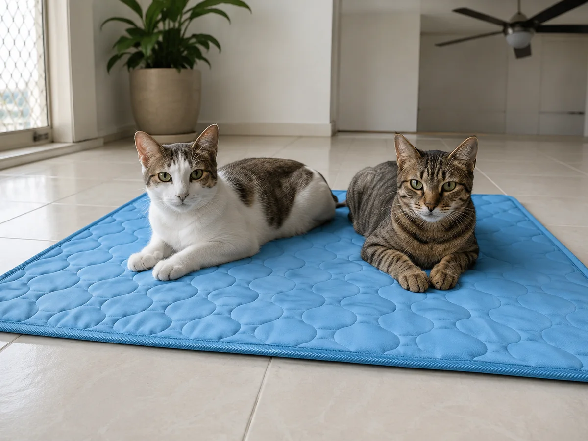 Dois gatos lado a lado em um tapete gelado Frimouf azul grande